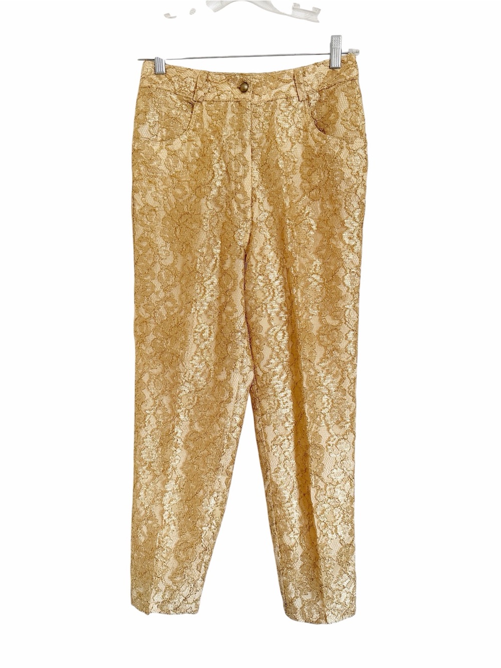 Vintage Tina Hagen Gold Metallic Lace High Waisted Glam Elegant Crop Pant size M